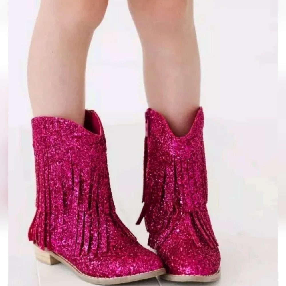 Kids Girls Cowgirl Cowboy Western Hot Pink Glitter Fringe Western Boot NEW Sz 9